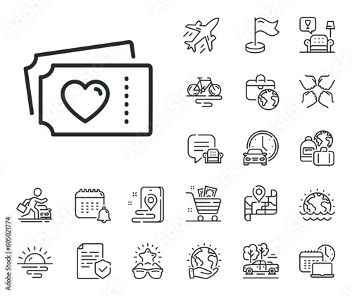 Valentines day sign. Plane jet, travel map and baggage claim outline icons. Love tickets line icon. Couple relationships symbol. Love tickets line sign. Car rental, taxi transport icon. Vector