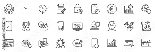 Icons pack as Ab testing, Article and Swipe up line icons for app include Euro money, Graph phone, Stress outline thin icon web set. Chemistry dna, Recovery file, Fake internet pictogram. Vector