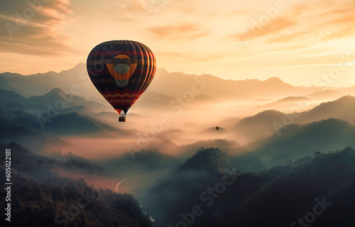 a hot air balloon in a cloudy abode over a mountain range