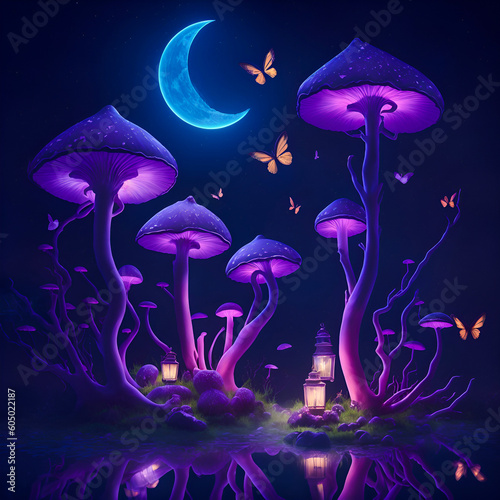 Fantasy mushrooms illuminated by lamps in a land of enchantment, created with generative AI