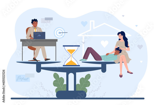 Work and life balance. Man in suit at laptop and young guy on lap of girl. Comparison of career and leisure. Internal balance and prioritization, life choice. Cartoon flat vector illustration