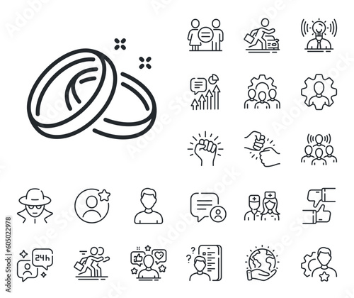 Romantic love sign. Specialist, doctor and job competition outline icons. Wedding rings line icon. Valentine day symbol. Wedding rings line sign. Avatar placeholder, spy headshot icon. Vector