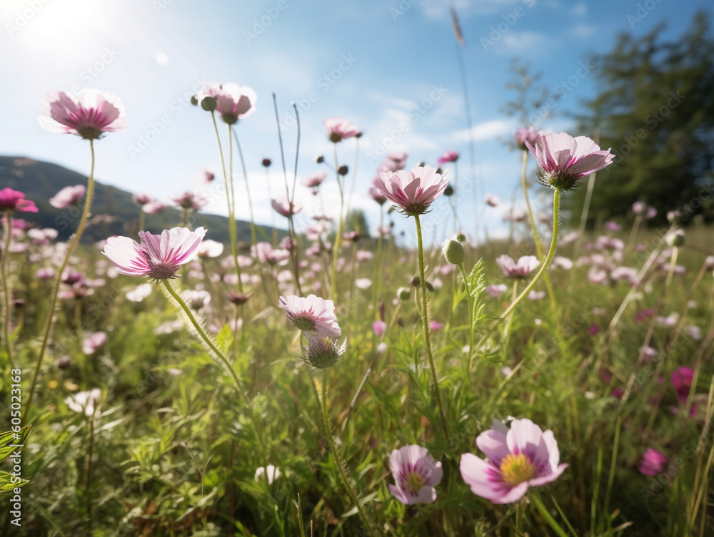 Experience the serene beauty of a Norwegian meadow. A low-angle shot captures white flowers under violet-pink twilight, blending wild charm with rustic harmony.