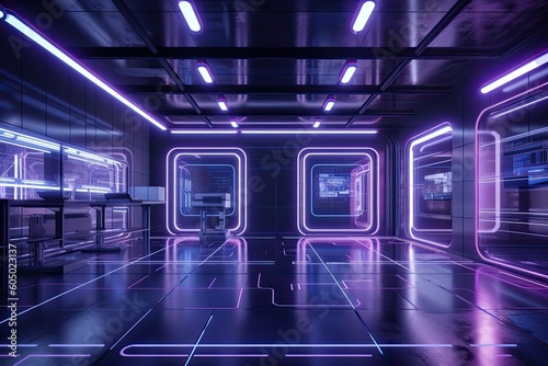 Interior of a futuristic cyber warehouse with an empty purple room. Generative AI