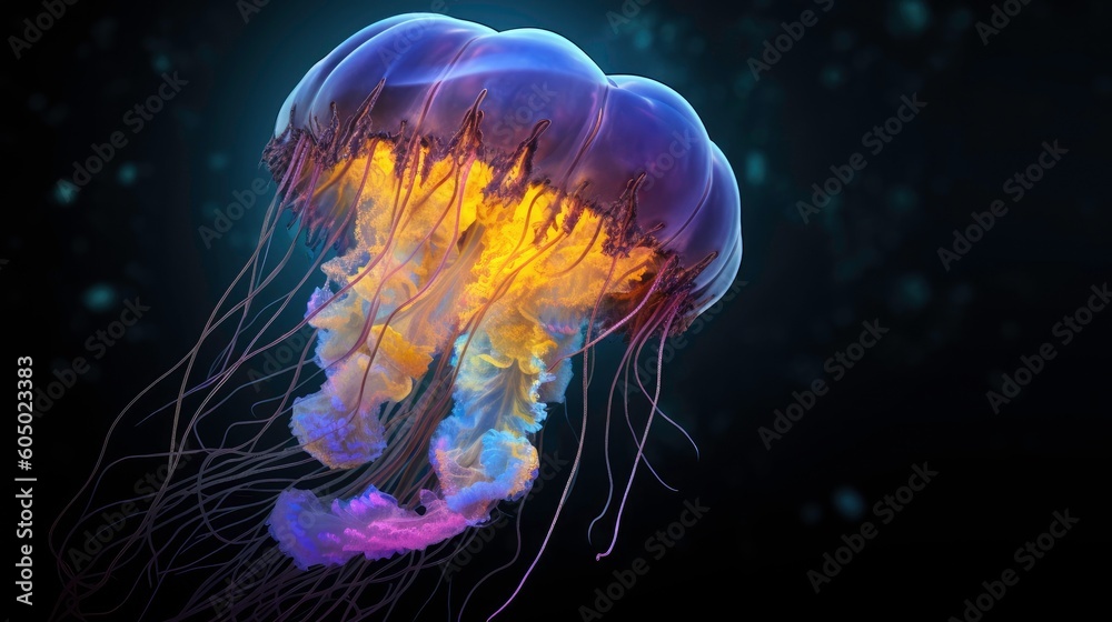 A stunning bioluminescent jellyfish on a dark background generated by AI