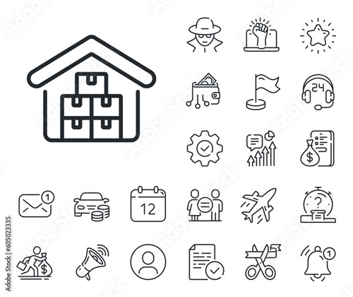 Warehouse boxes sign. Salaryman, gender equality and alert bell outline icons. Wholesale goods line icon. Logistic inventory storage symbol. Wholesale goods line sign. Vector
