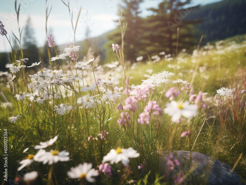 Experience the serene beauty of a Norwegian meadow. A low-angle shot captures white flowers under violet-pink twilight, blending wild charm with rustic harmony.