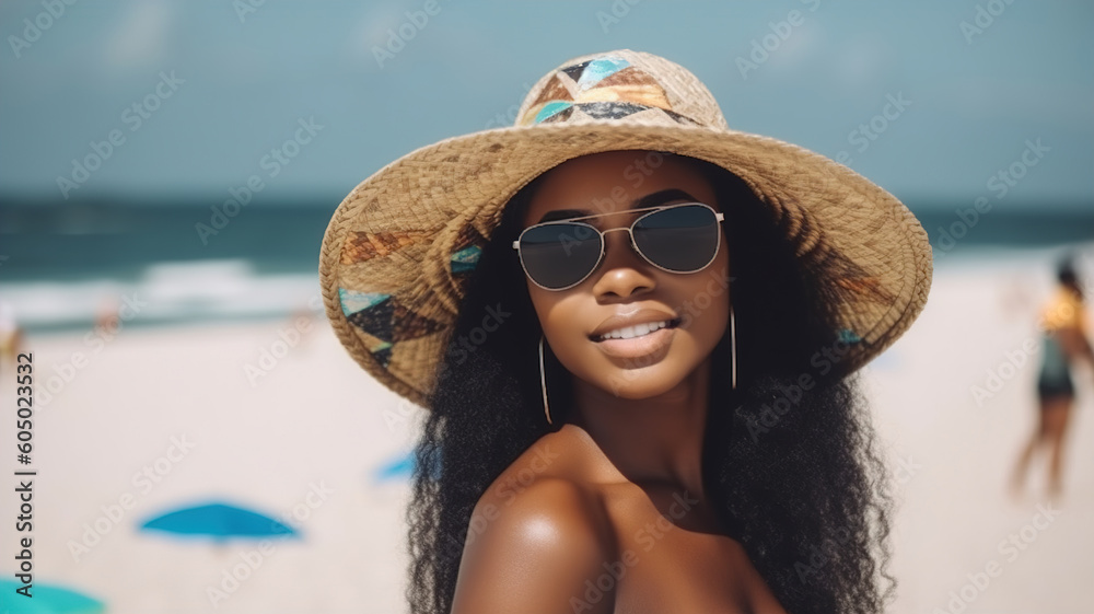 Young Sexy African Woman in Sunglasses on the Beach, enjoying sea summer vacation. Model Portrait in straw hat outdoors. Tropical ocean beach background. generative ai Young Sexy African Woman in Sunglasses on the Beach, enjoying sea summer vacation. Model Portrait in straw hat outdoors. Tropical ocean beach background. generative ai