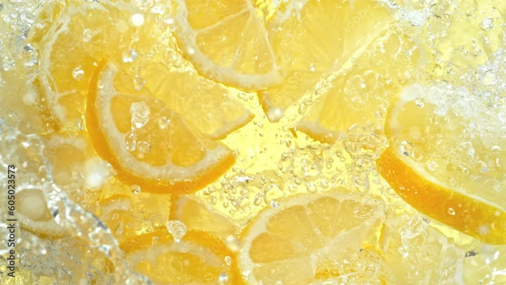 Super Slow Motion Shot of Fresh Lemon Slices Falling into Water Whirl at 1000 fps.