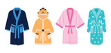 Set of colored pajamas in a cartoon style. Vector illustration of various pajamas: blue, orange, pink, with different designs for boys, girls isolated on white background. Pajamas for a pajama party.