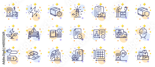 Outline set of Filling station, Inventory checklist and Hold box line icons for web app. Include Factory, Technical algorithm, Lighthouse pictogram icons. Eco power, Diesel station. Vector