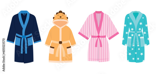 Set of colored pajamas in a cartoon style. Vector illustration of various pajamas: blue, orange, pink, with different designs for boys, girls isolated on white background. Pajamas for a pajama party.