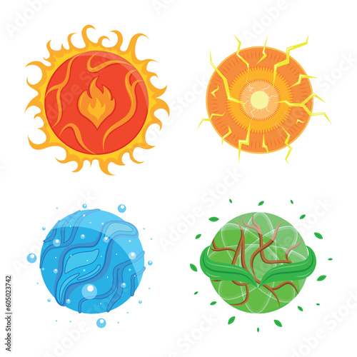Set of colorful magic elements in a cartoon style. Vector illustration of different bright magic balls  fire  sun  water  earth with cracks isolated on white background. Balls for witchcraft.