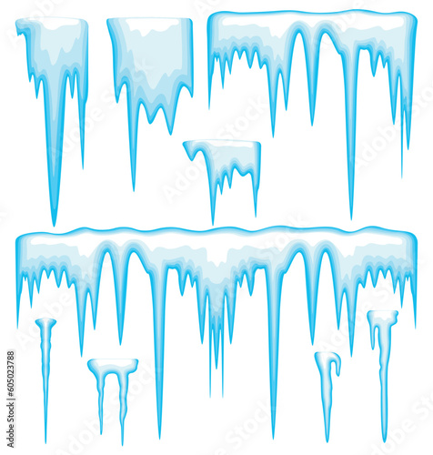 Set of blue icicles in cartoon style. Vector illustration of various shapes of cold, icy water icicles isolated on white background. Frozen icicles hanging down. Ice stalactite. Elements of winter.