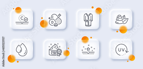 Uv protection, Clean skin and Vitamin d line icons pack. 3d glass buttons with blurred circles. Collagen skin, Oil drop, Bathrobe web icon. Cream, Spa stones pictogram. For web app, printing. Vector