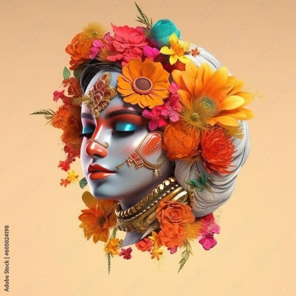 Punjabi Indian woman face with colorful makeup, covered in colorful flowers. Indian themed ornaments. 3D art. Generative AI