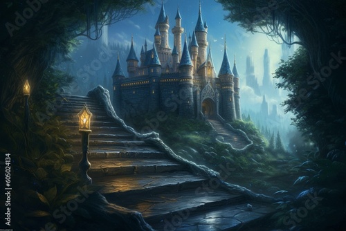 Fototapete Illustration of Cinderella's journey: castle, midnight, magic shoe, acrylic painting