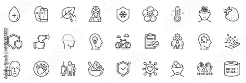 Icons pack as Nurse, Shields and Family insurance line icons for app include Skin care, Medical vaccination, Dating outline thin icon web set. Thermometer, Oil serum, Clean skin pictogram. Vector