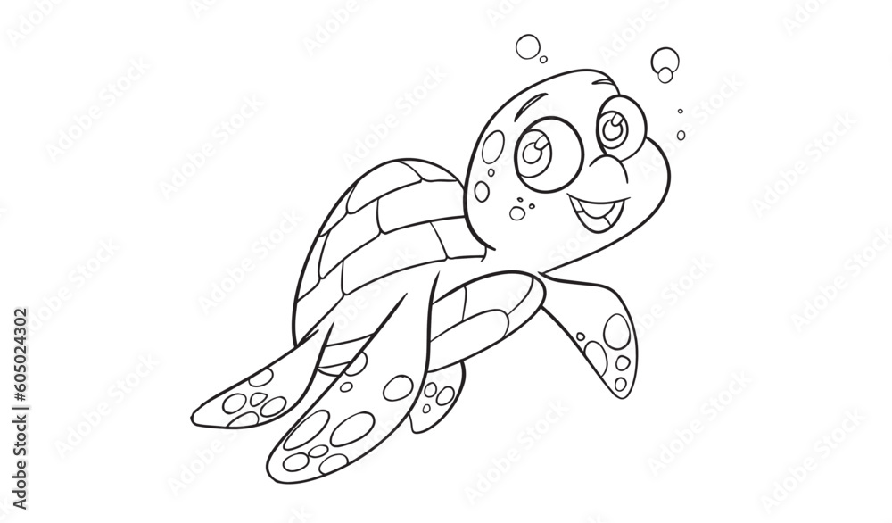 illustration of a little cartoon turtle cute baby sea turtle and smiles. Coloring page