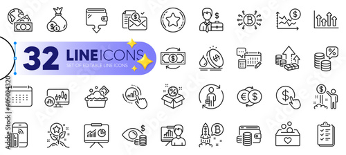 Outline set of Candlestick chart, Loyalty points and Money tax line icons for web with Contactless payment, Presentation board, Sale thin icon. Graph chart, Wallet, Dollar rate pictogram icon. Vector