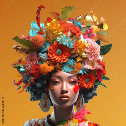Asian woman face with bright colored makeup, covered with flowers. 3D art. Generative AI