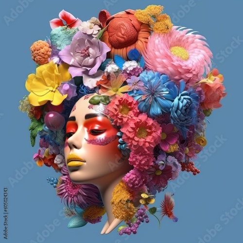 Asian woman face with colorful makeup covered with all colored flowers. 3D art. Generative AI