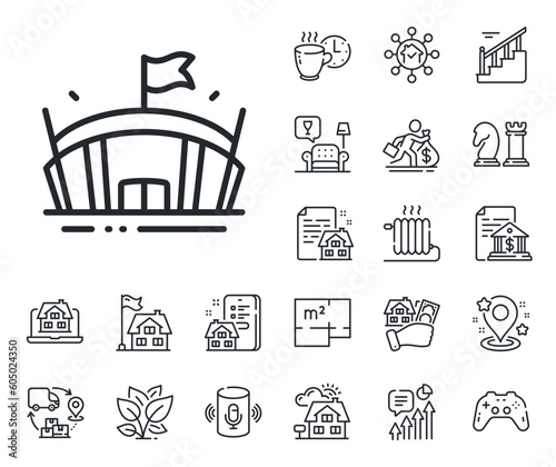 Arena with flag sign. Floor plan, stairs and lounge room outline icons. Sports stadium line icon. Sport complex symbol. Arena line sign. House mortgage, sell building icon. Real estate. Vector