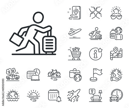 Man run with travel baggage sign. Plane jet, travel map and baggage claim outline icons. Travel delay line icon. Passenger is late symbol. Travel delay line sign. Vector
