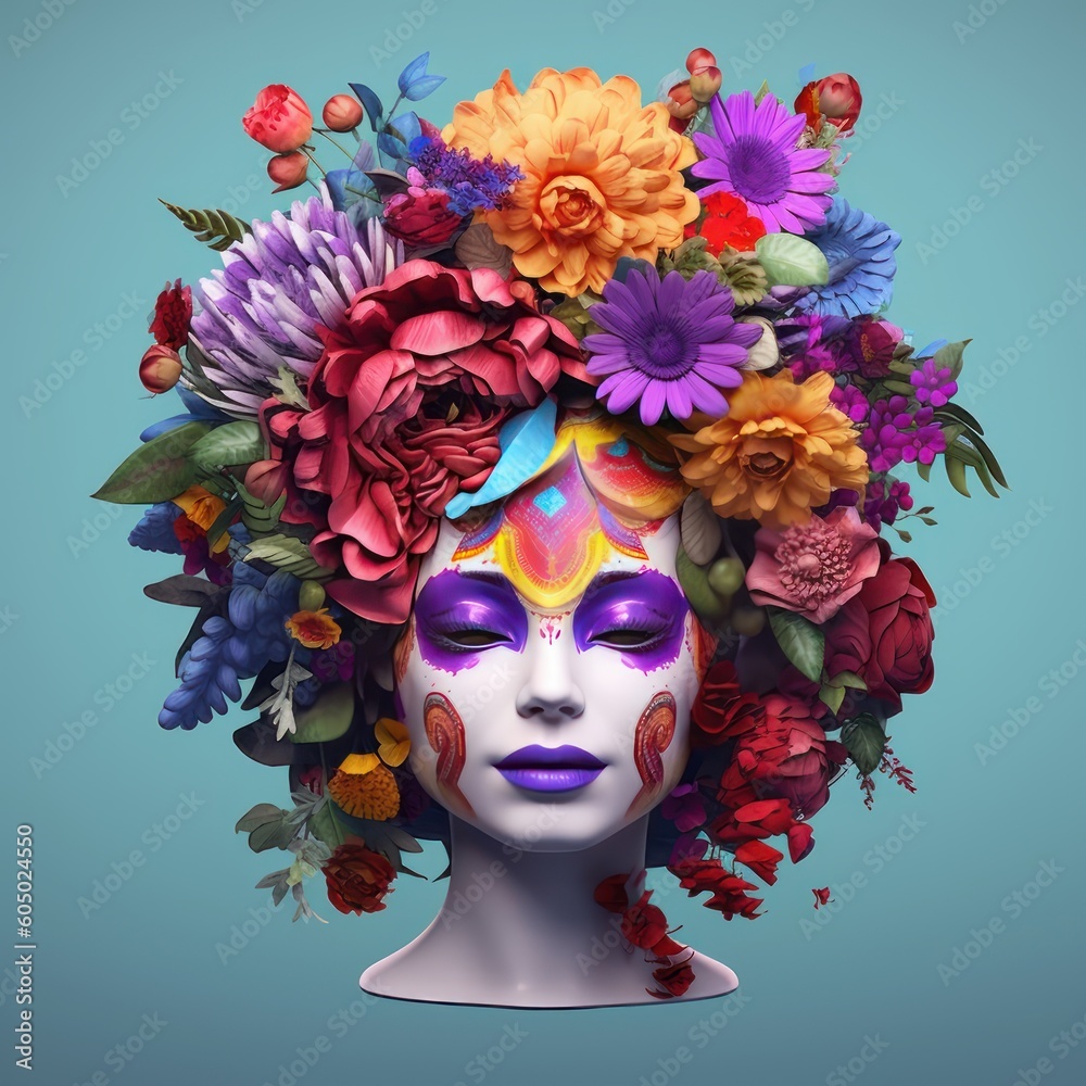 Woman face with colorful makeup, covered with flowers. 3D art. Generative AI