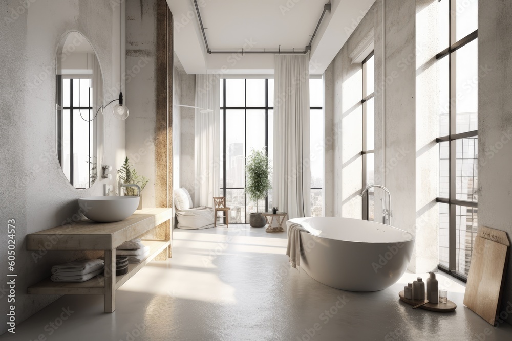 Interior of a loft bathroom with white walls over concrete floors, two sinks, and a white tub. a mockup. Generative AI