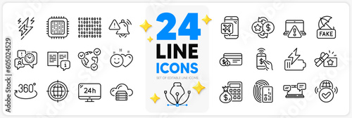 Icons set of Time management, Binary code and Lightning bolt line icons pack for app with Card, Fake news, Full rotation thin outline icon. 24h service, Phone payment, Payment method pictogram. Vector