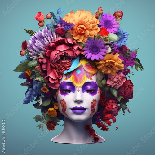 Woman face with colorful makeup, covered with flowers. 3D art. Generative AI