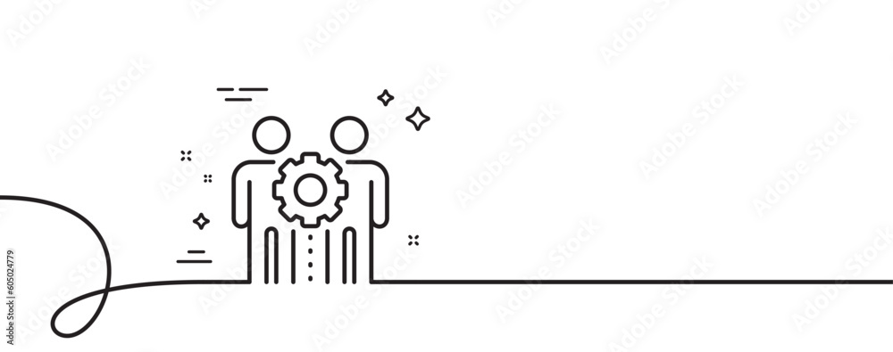Employees teamwork line icon. Continuous one line with curl. Collaboration sign. Development partners symbol. Employees teamwork single outline ribbon. Loop curve pattern. Vector Employees teamwork line icon. Continuous one line with curl. Collaboration sign. Development partners symbol. Employees teamwork single outline ribbon. Loop curve pattern. Vector