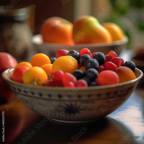 Vase with fresh fruits stands on a wooden table against a blurred background  creating a favorable atmosphere. Generative AI