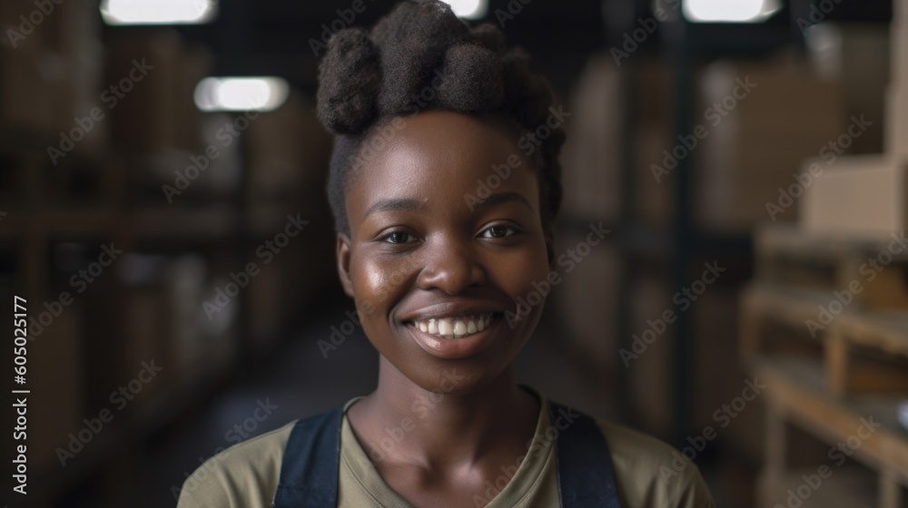A smiling African female factory worker standing in warehouse. Generative AI AIG19. - obrazy, fototapety, plakaty 