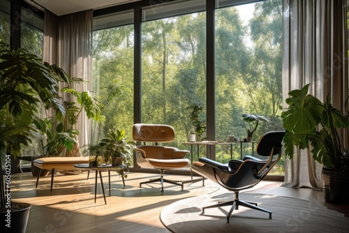 glass window wall view nature theme   living room with nature behind glass windows  modern nature themed living room  fantastic view office room generative AI