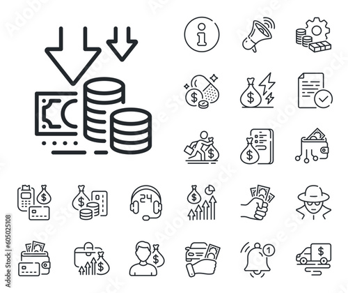 Price reduction sign. Cash money, loan and mortgage outline icons. Deflation line icon. Reduce rate symbol. Deflation line sign. Credit card, crypto wallet icon. Inflation, job salary. Vector
