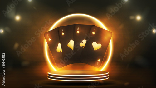 Canvas Print Black and gold poker cards on the podium with a neon round arch