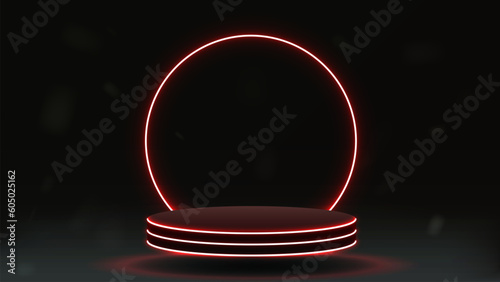 Red neon empty podium with a neon round arch on a dark background.