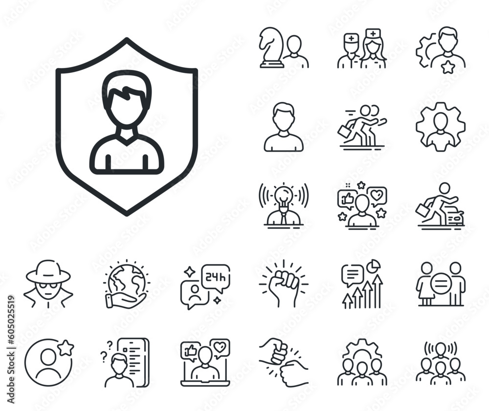 Profile Avatar with shield sign. Specialist, doctor and job competition outline icons. User Protection line icon. Male Person silhouette symbol. Security Agency line sign. Vector