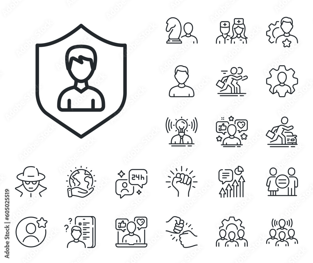 Profile Avatar with shield sign. Specialist, doctor and job competition outline icons. User Protection line icon. Male Person silhouette symbol. Security Agency line sign. Vector Profile Avatar with shield sign. Specialist, doctor and job competition outline icons. User Protection line icon. Male Person silhouette symbol. Security Agency line sign. Vector