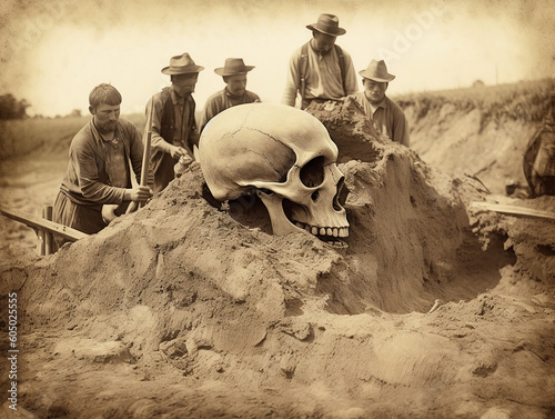 Giant human skull archeological excavation discovery site set in the late 1800s vintage style photorealistic historic scene. Generative AI illustration photo