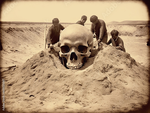 Giant human skull archeological excavation discovery site set in the late 1800s vintage style photorealistic historic scene. Generative AI illustration