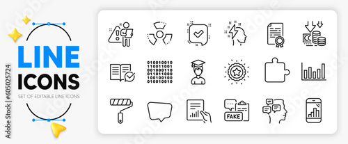 Search employee, Puzzle and Chemical hazard line icons set for app include Student, Winner star, Graph phone outline thin icon. Binary code, Deflation, Chat message pictogram icon. Vector