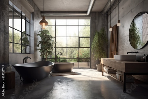 Interior of a contemporary bathroom with gray walls, a concrete floor, a loft window, a ladder, a wood sink, and a bathtub. Spas, hotels, and upscale properties a mockup. Generative AI © Lasvu