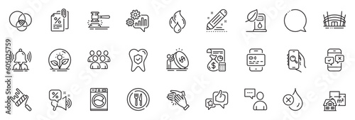 Icons pack as Tax documents, Paint roller and Phone survey line icons for app include Euler diagram, Discounts offer, Like outline thin icon web set. Speech bubble, Washing machine. Vector