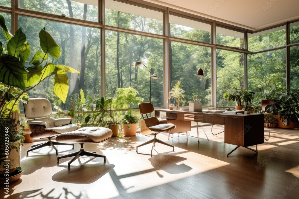 glass window wall view nature theme |,living room with nature behind glass windows ,modern nature themed living room ,fantastic view office room generative AI