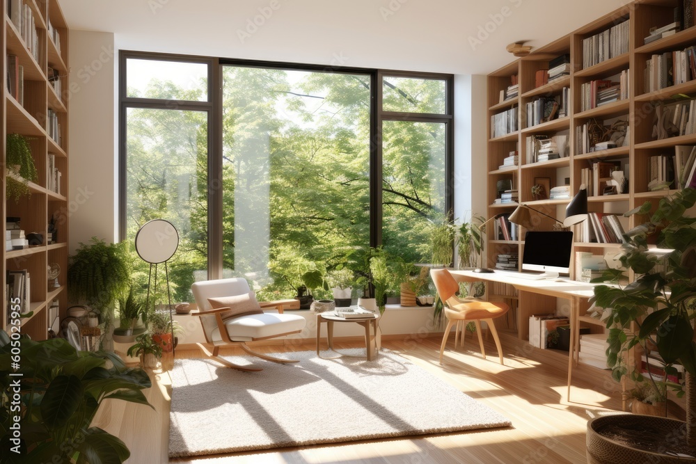 Obraz premium glass window wall view nature theme |,living room with nature behind glass windows ,modern nature themed living room ,fantastic view office room generative AI