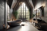 Interior of a luxurious attic bathroom in a minimalist mansion, featuring a concrete floor, gray walls, a double sink, and a big bathtub. Concept of self care and relaxation. Up close. a Generative AI