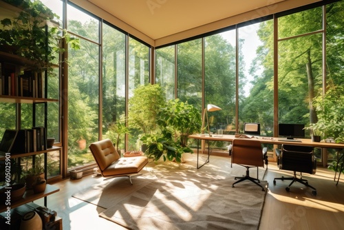  glass window wall view nature theme   living room with nature behind glass windows  modern nature themed living room  fantastic view office room generative AI